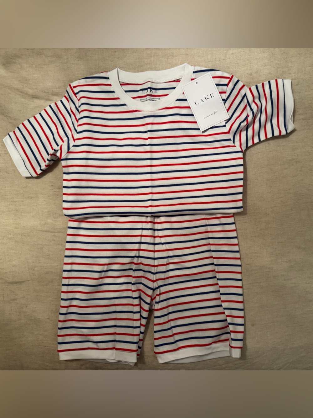 LAKE Kids' White Short-Sleeve Pajama Set with Red and Blue Stripes size 12